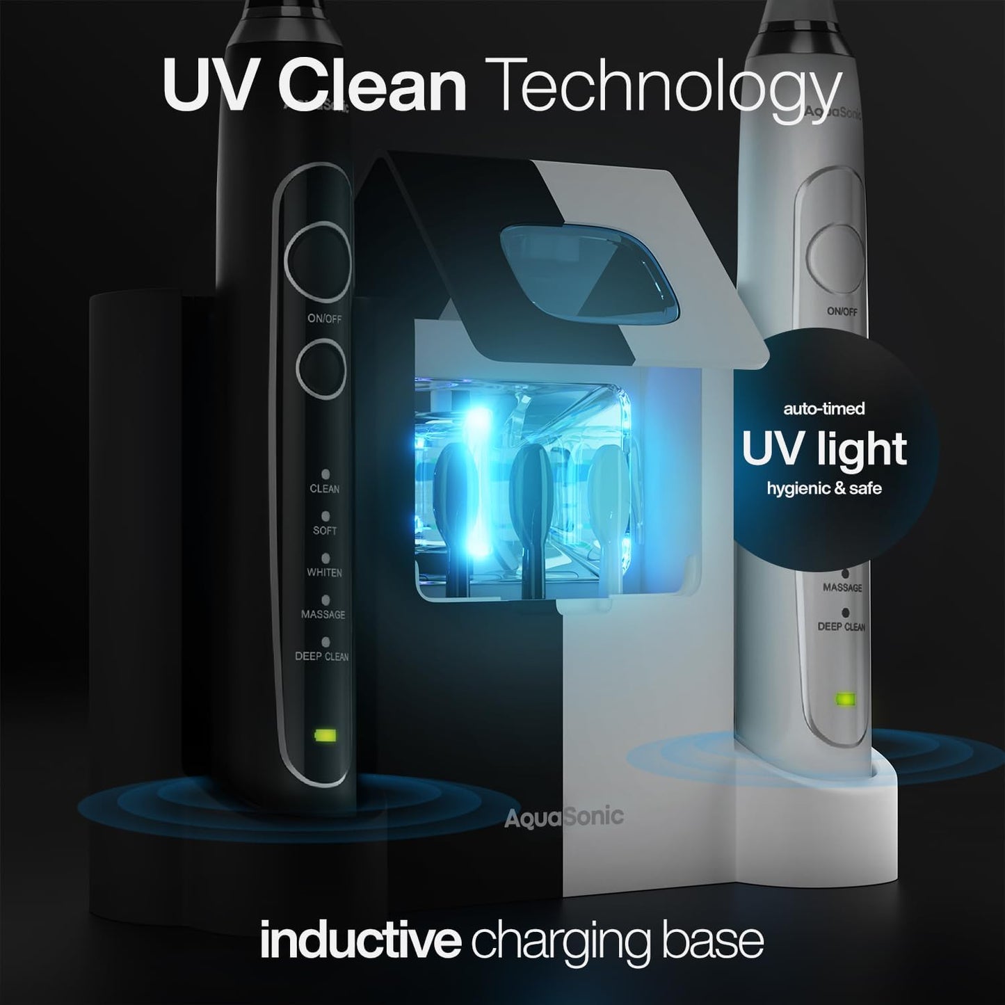 Aquasonic Duo Series PRO UV - ADA Accepted Electric Toothbrushes with UV Sanitizer - Inductive Charging Base - 5 Modes with Smart Timers - 10 Proflex Brush Heads & 2 Travel Cases