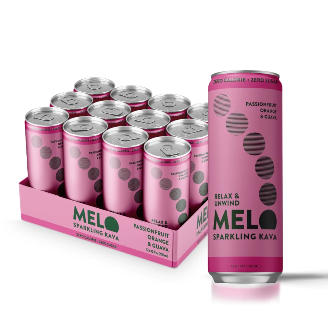 Melo Sparkling Kava Drink, Passionfruit, Orange & Guava, Sugar Free Non Alcoholic Drinks with Zero Calories, Gluten Free, Vegan, 100% Natural Mocktail with 750mg Kava Root per Drink, 12 Pack, 12 oz Cans