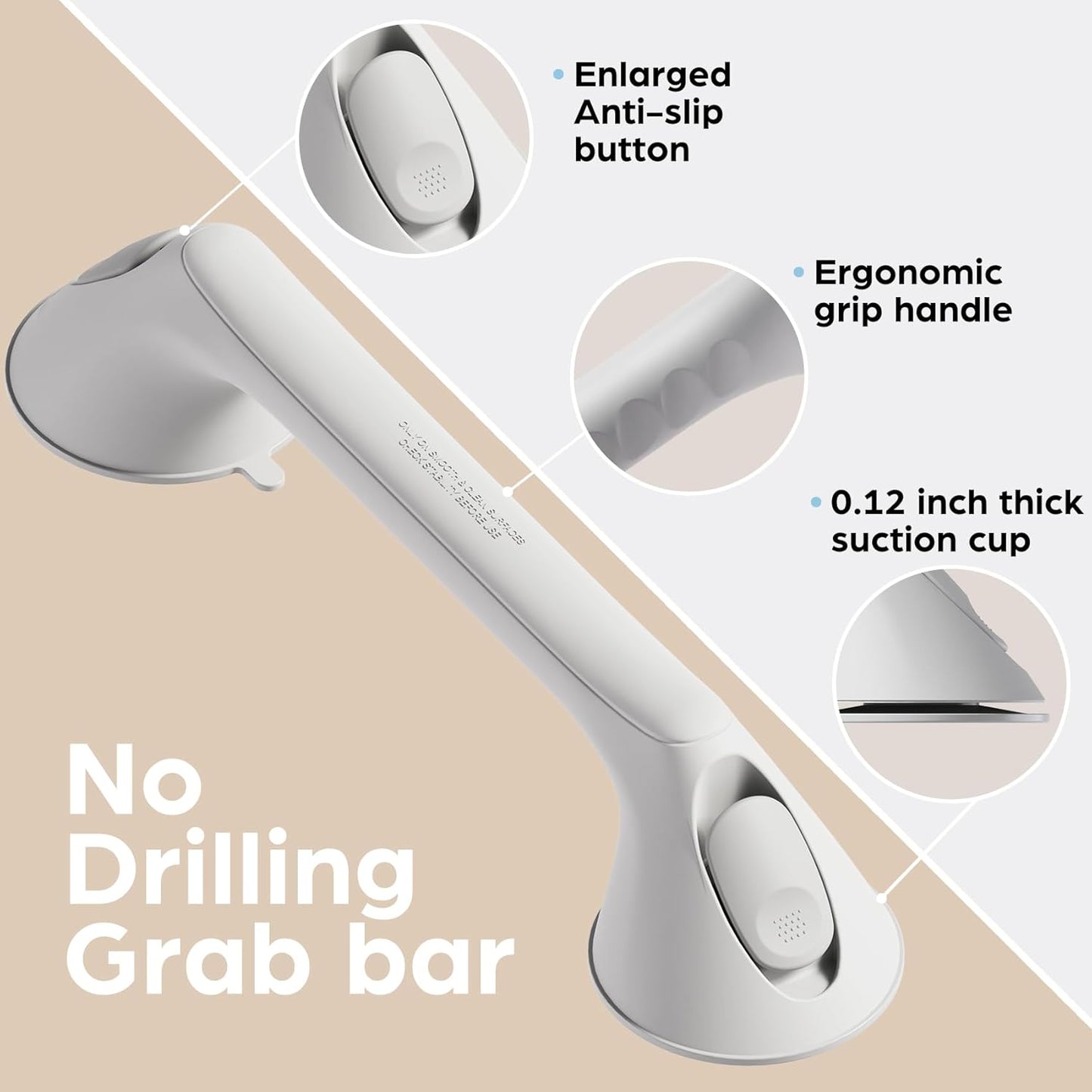 2 Pack 16 Inch Grab Bars for Bathtubs and Showers for Seniors, Heavy Duty Shower Handle for Elderly, Suction Cup Removable Handrails Handicap Bath Grip Bathroom Safety Grips （White）