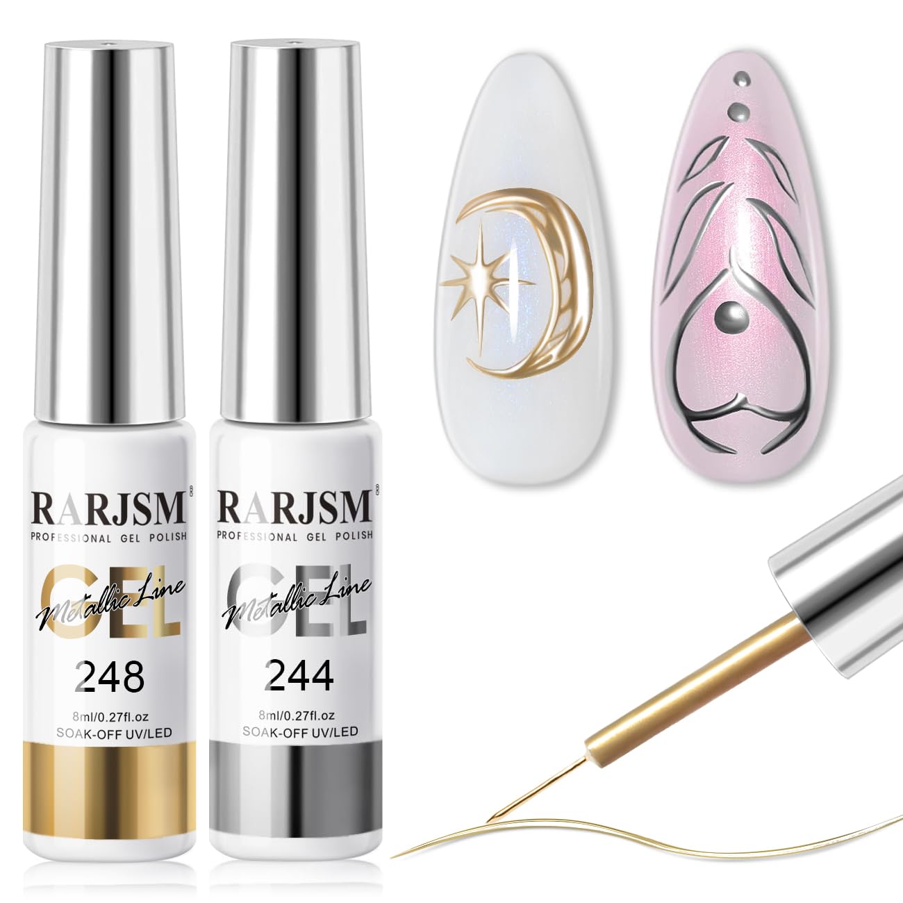 RARJSM Metallic Gel Liner Nail Art Silver Bronze Gold 2pcs Set Mirror Chrome 3D Effect Gel Nail Polish 8ml Build in Thin Brush Metal Painted Drawing Stripper Gelpolish Curing Requires for Home Salon