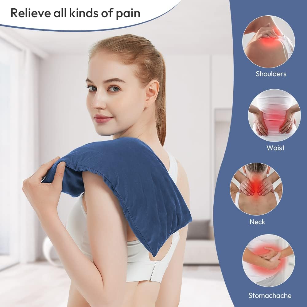 Microwavable Heating Pad with Washable Cover, 8 x 18 Microwave Heating Pad for Neck and Shoulders, Moist Heat Bean Bag Warm Compress for Knee, Joints, Wrist, Abdomen (Dark Blue)