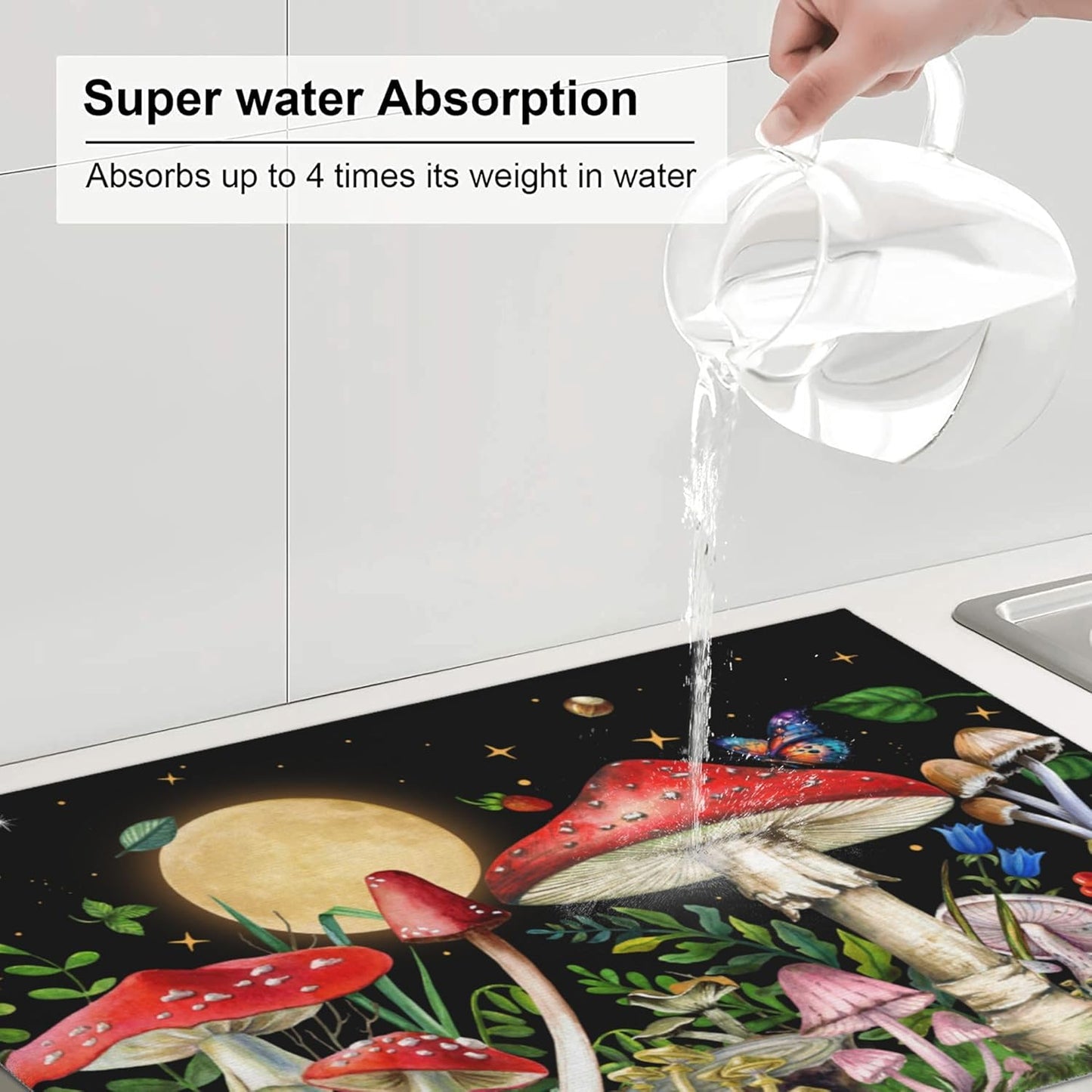 Mushroom Kitchen Drying Mat Witchy Microfiber Dish Drainer Mat for Kitchen Counter Absorbent Reusable Washable 18x24 Inch Black