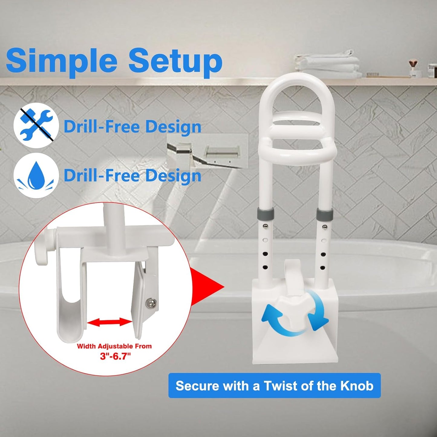 Adjustable Bathtub Safety Rail, Shower Grab Bars Handle with Non-Slip Handle for Seniors, Elderly, and Disabled, Fits 3"–6.7" Tub Walls, Supports 300 lbs
