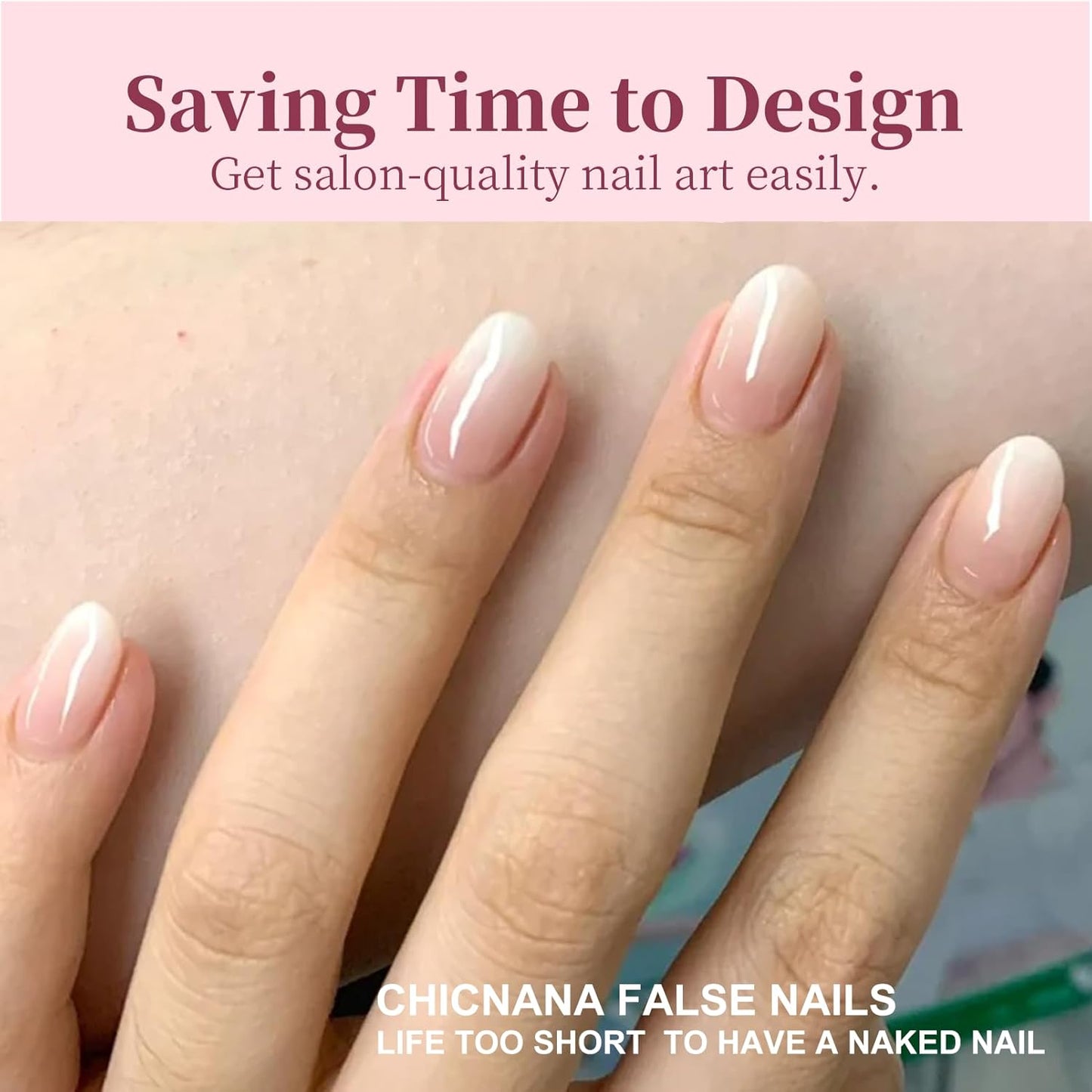 Ombre Press On Nails - 240Pcs Short Round Press on Nails, White Nail Tips Pink White Gradient Soft Gel False Nail Tips Salon Perfect Fake Nails Kit Extensions DIY (Short Oval)