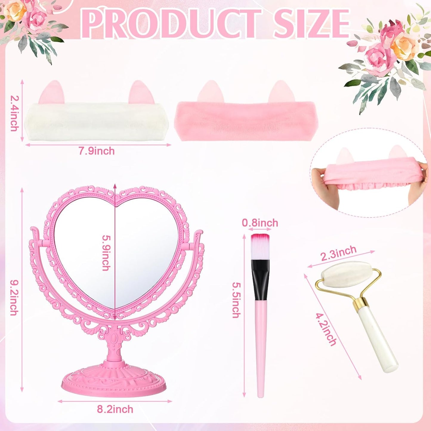 8 Set Spa Party Supplies for Girls Including 8 Heart Shaped Stand Mirrors 8 Jade Roller for Face 8 Face Brushes Kit 8 Face Mask Mixing Bowl 8 Headband for Sleepover Birthday Party Favors