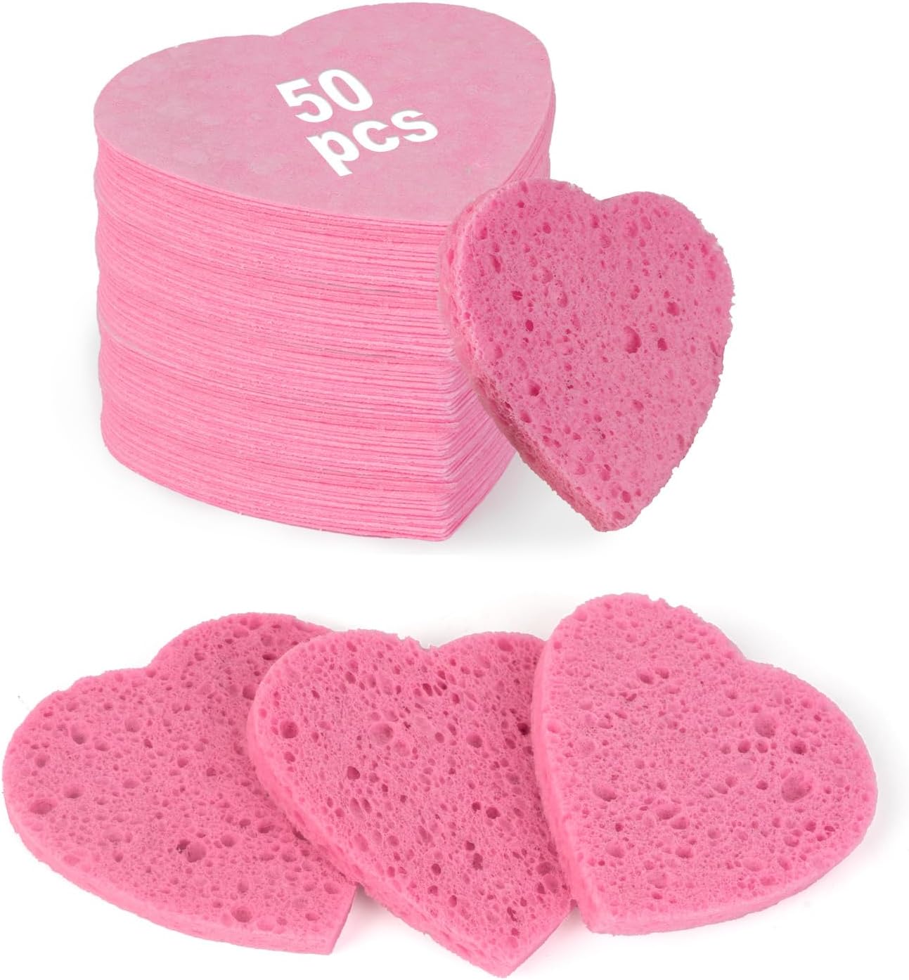 50-Count Heart Shape Compressed Facial Sponges,100% Natural Cellulose Face Sponge Spa Sponges for Removing Dead Skin, Dirt and Makeup(Pink)