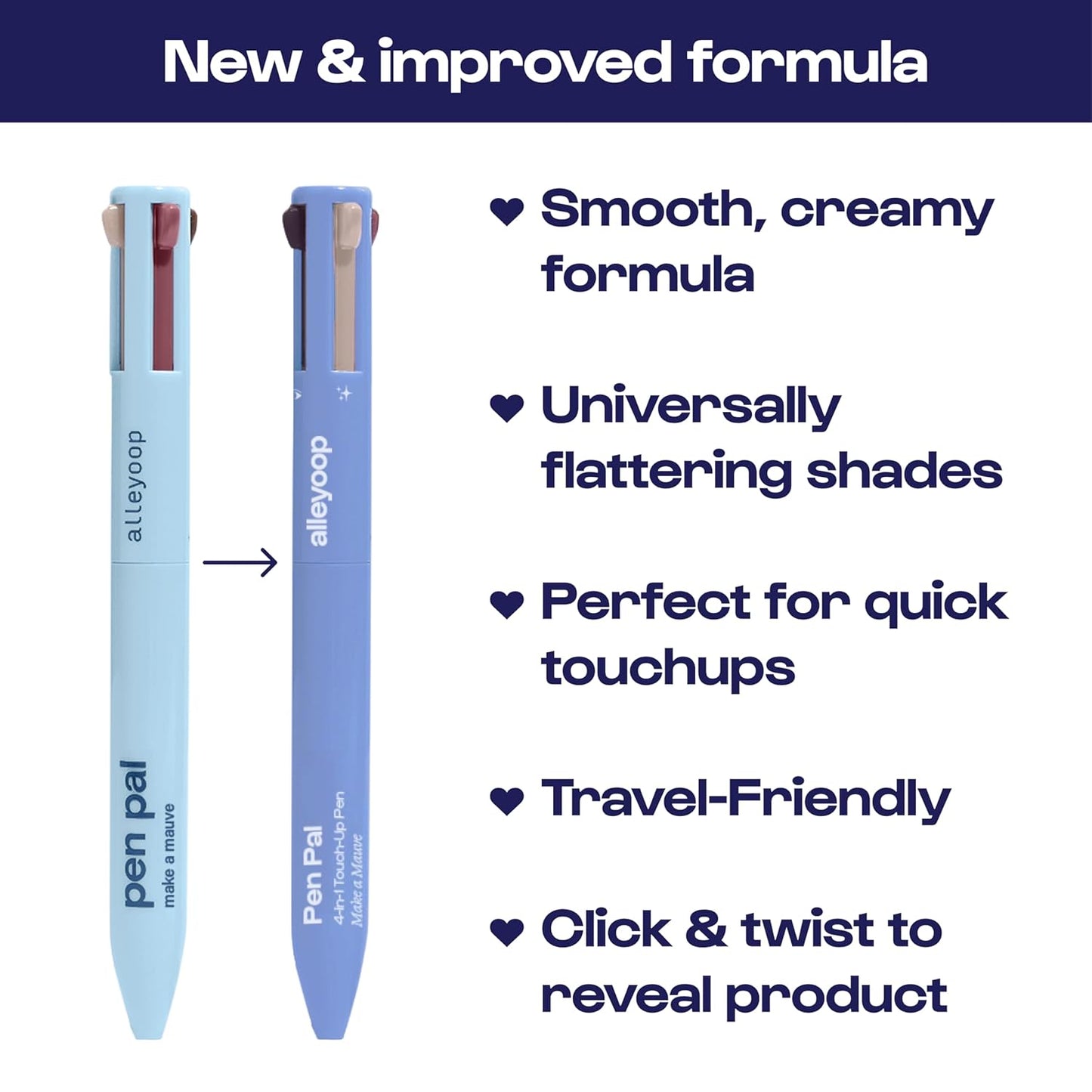 Alleyoop Pen Pal Touch-Up 4-in-1 Makeup Pen, Make A Mauve (Light - Medium) - Travel Make Up Set with Eyeliner, Brow Pencil, Highlighter & Lip Liner - High-Pigment Formula, Easy & Smooth Application