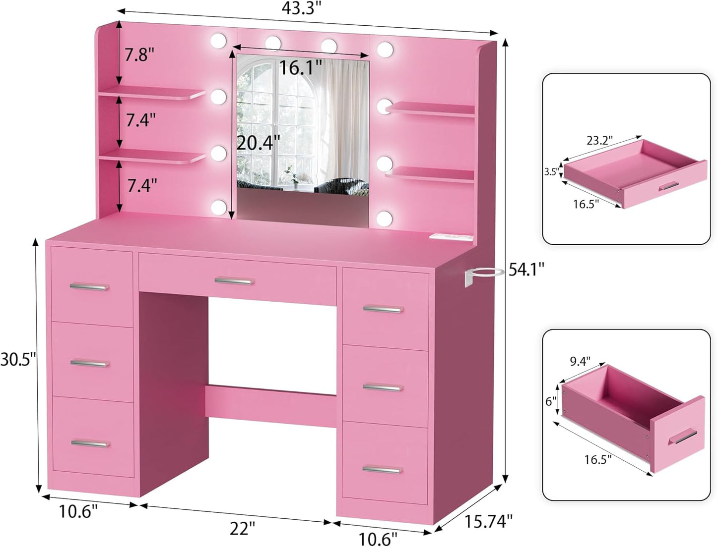 YESHOMY Vanity Desk with Mirror, Power Outlet and 10 Lights, Makeup Table with 7 Drawers, 3 Color Modes Available for Bedroom, Pink