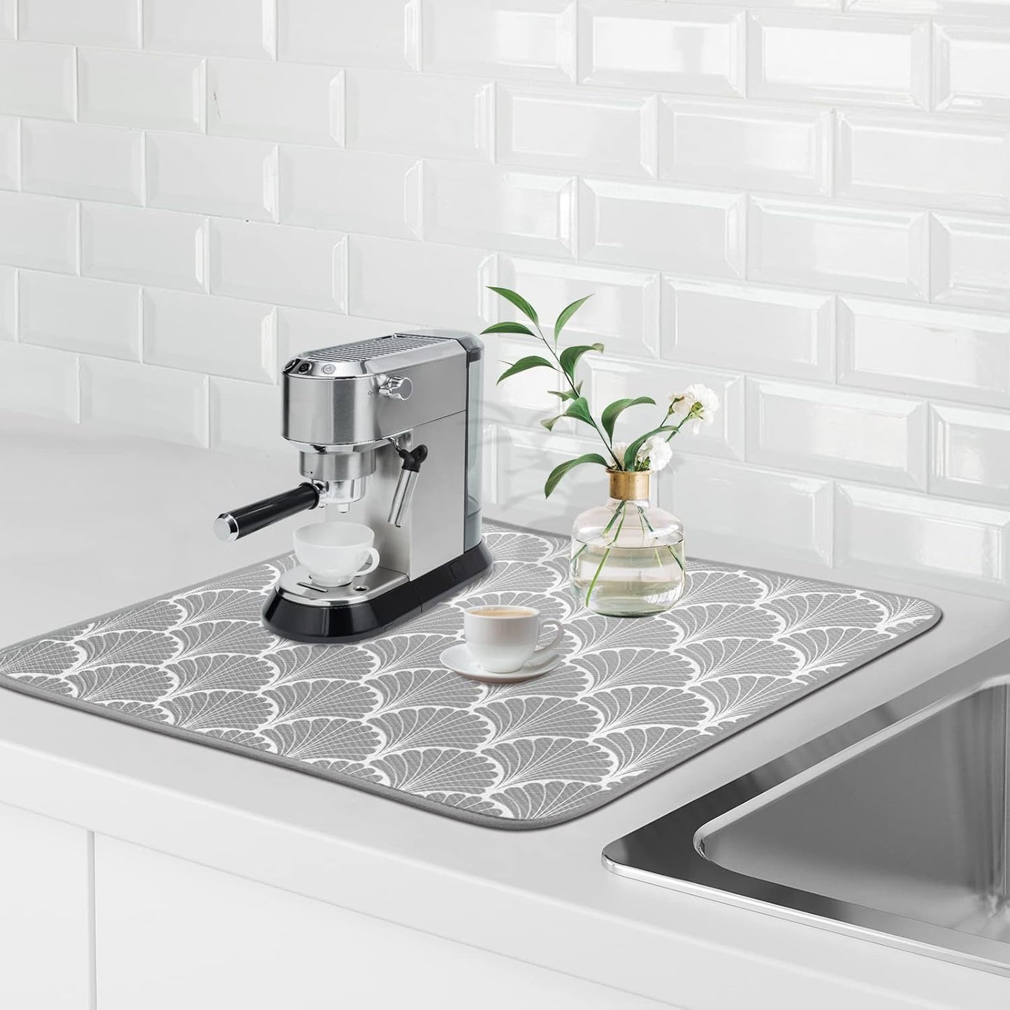 SHIYUE Dish Drying Mat for Kitchen Counter Super Absorbent Spring Kitchen Decor Microfiber Drying Matainers Rack Fast Pad Dish Drainer Mats(Grey Shell Geometric,18''x24'')