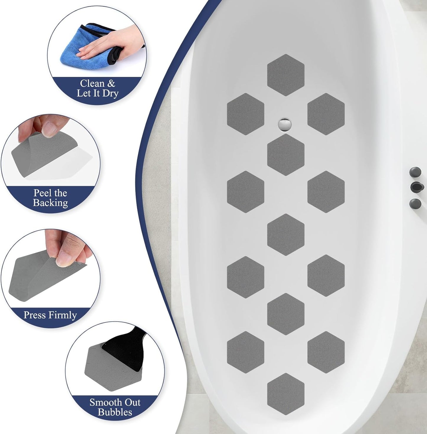 28 PCS Shower Floor Non Slip Stickers with Strong Adhesive, Invisible & Durable Anti Slip Shower Stickers with Scraper for Bath Tub, Pools and Stairs(Grey,Hexagon)