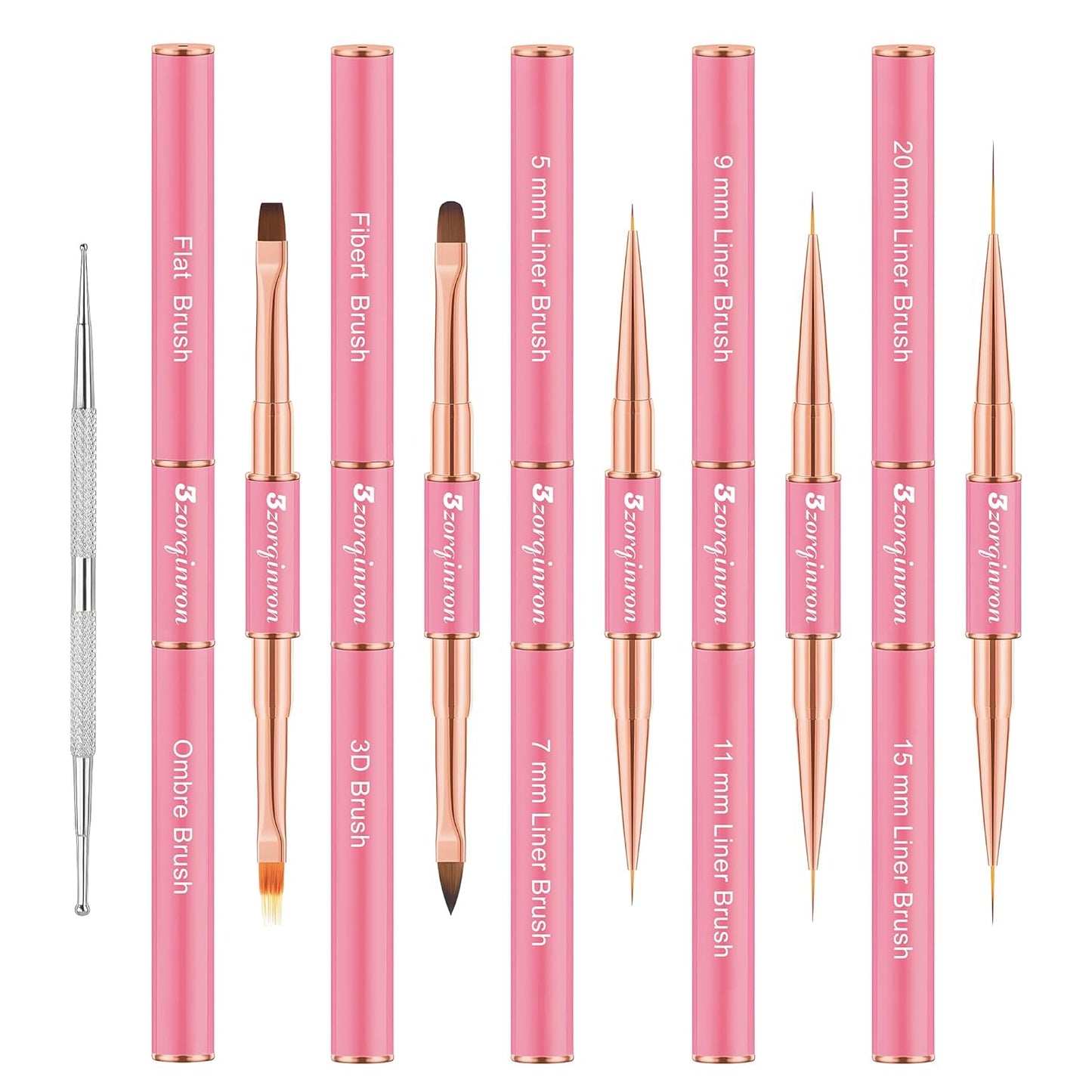 Nail Art Bushes Set, Professional 5Pcs Double-Ended Nail Brush Kit for Details, Long Lines, Ombre & 3D Design-Perfect for DIY Manicures & Salons (Pink)