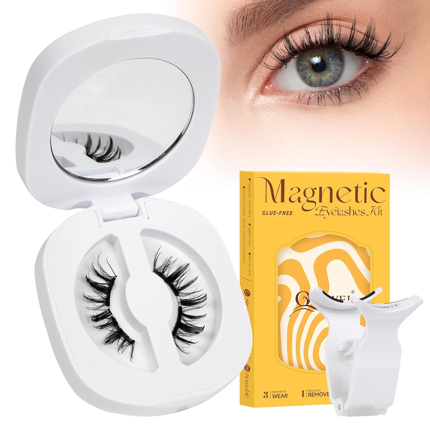 QUEWEL Magnetic Eyelashes, Reusable No Glue Needed Magnetic Eyelashes Kit with Applicator Lash Clusters Kit without Eyeliner So Soft and Easy to Wear and Remove (G-RC-D)
