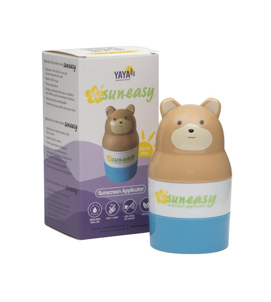YAYA ORGANICS Sun-Easy Sunscreen Applicator, Refillable Roll-On with Sponge for Kids and Babies, Fun, Fast and Mess-Free application, Holds 100 ml, Bear/Blue Cap