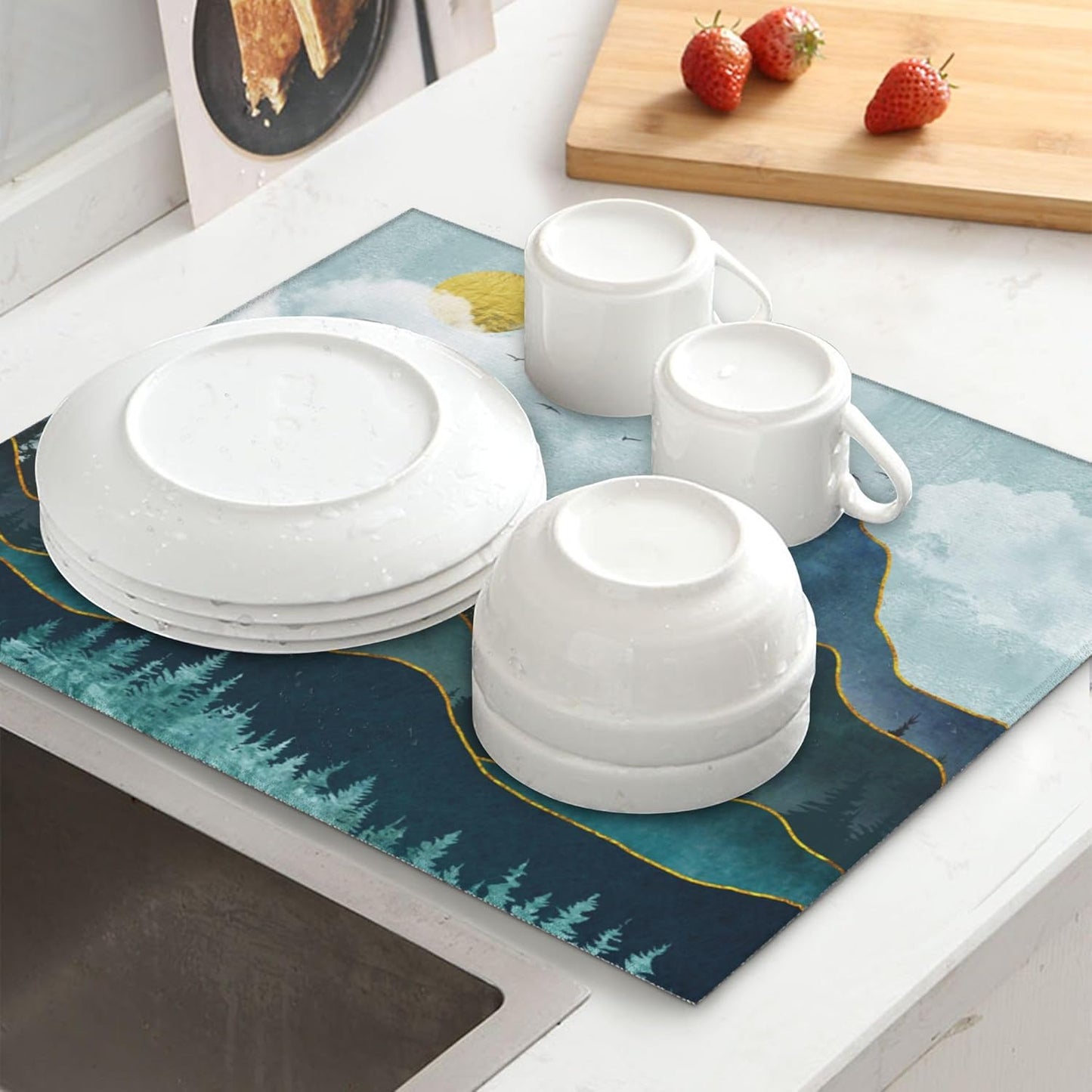 Mountain Peaks Nature Landscape Kitchen Drying Mat Modern Decorative Microfiber Dish Drainer Mat for Kitchen Counter Absorbent Reusable Washable 16x18 Inch