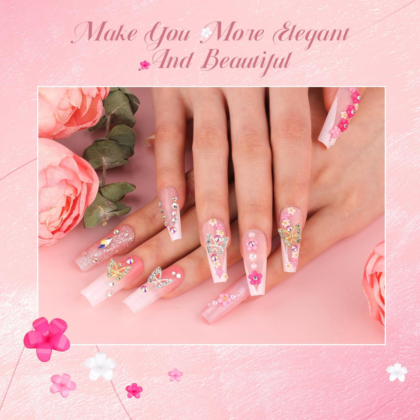 3D Nail Charms and Gems Set 2 with Rhinestone Glue, 20PCS Gold and Silver Chunky Butterfly Nail Charms, 3D Flowers for Nails, Flatback Crystals and Pearls + Diamonds + Picker Tool for Y2K Nail Decor