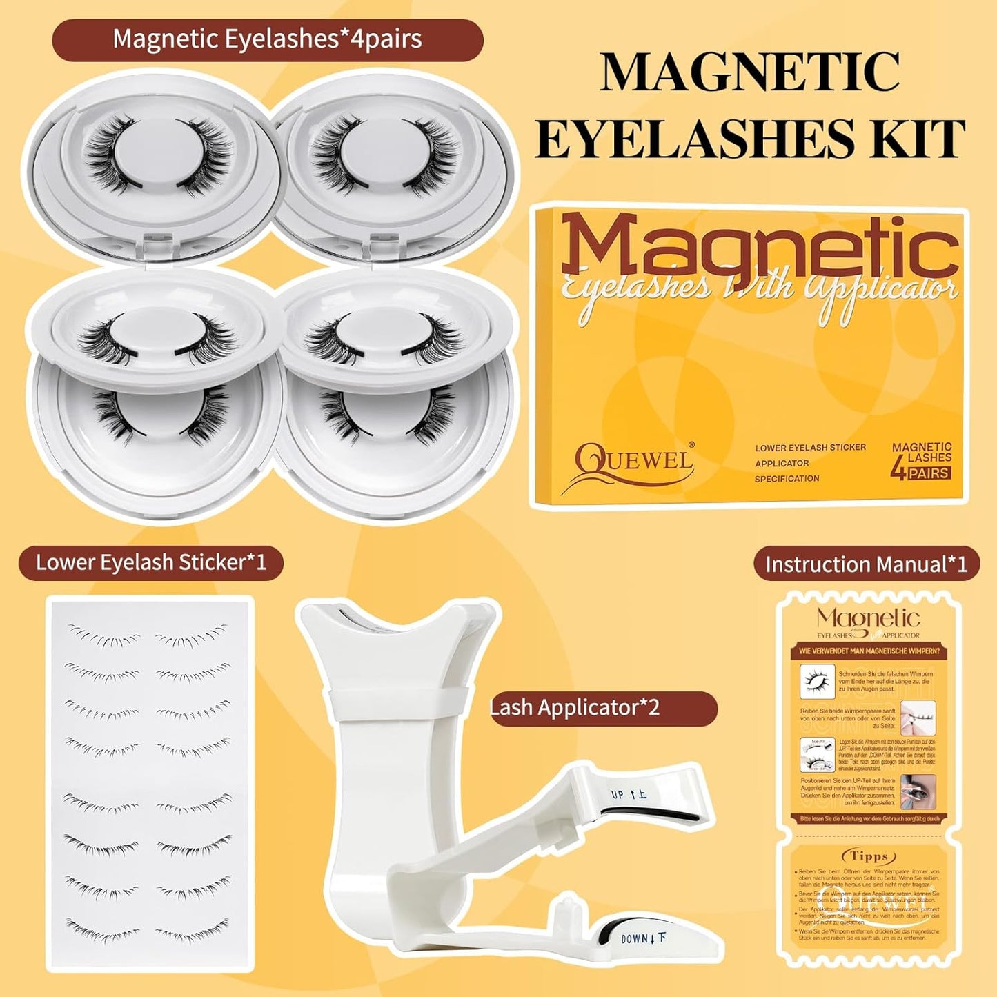 QUEWEL 4 Pairs Magnetic Eyelashes Natural Look, Reusable Magnetic Eyelashes with Applicator, No Glue Needed Lash Clusters Kit, Easy to Wear and Remove(4 Pairs-D)