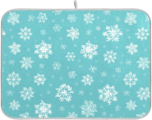 Winter Snowflake Turquoise Dish Drying Mat for Kitchen Countertop 16x18 Christmas Snow Aqua Xmas Small Drying Mat Reusable Quick Dry Dish Sink Mats Easy Clean Decorative Essentials
