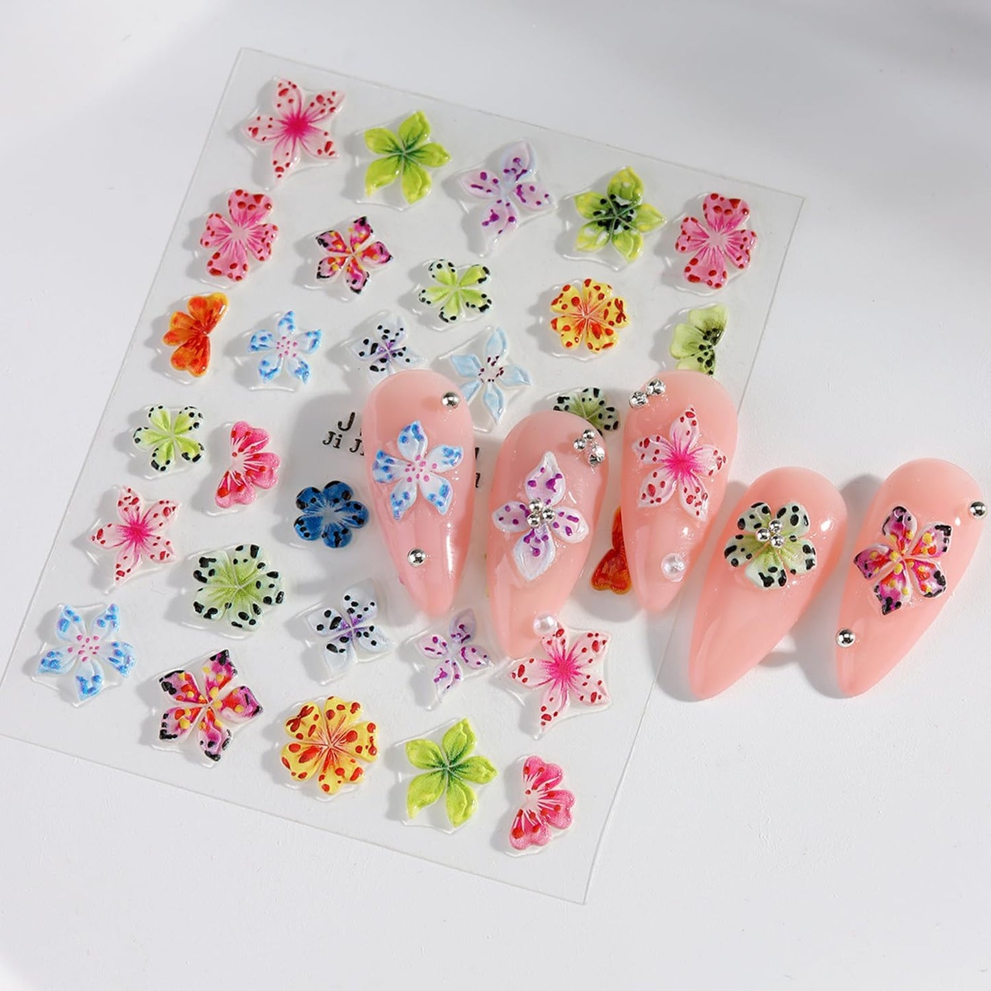 Colorful Flower Nails Art Stickers 5D Self-Adhesive Embossed Nails Stickers Hibiscus Flower Design Tropical Floral Nails Decal Supplies Women DIY Nail Art Decoration 3 Sheets