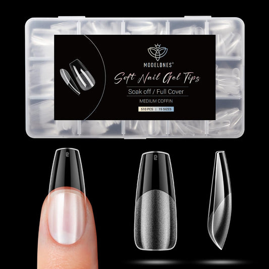 Modelones Medium Coffin Fake Nail Tips - 510Pcs Gel Tips Pre-shaped Half Matte Full Cover Clear Acrylic Gel Kit False Press on Nails for Extension DIY Salon 15Sizes