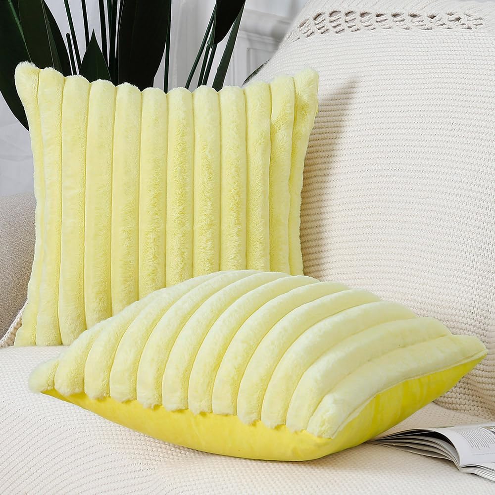 MADIZZ Set of 2 Faux Wool Plush Decorative Throw Pillow Covers 26x26 Inch Yellow Fluffy Striped Soft Decorative Cushion Cover for Sofa Bedroom Pillow Shell
