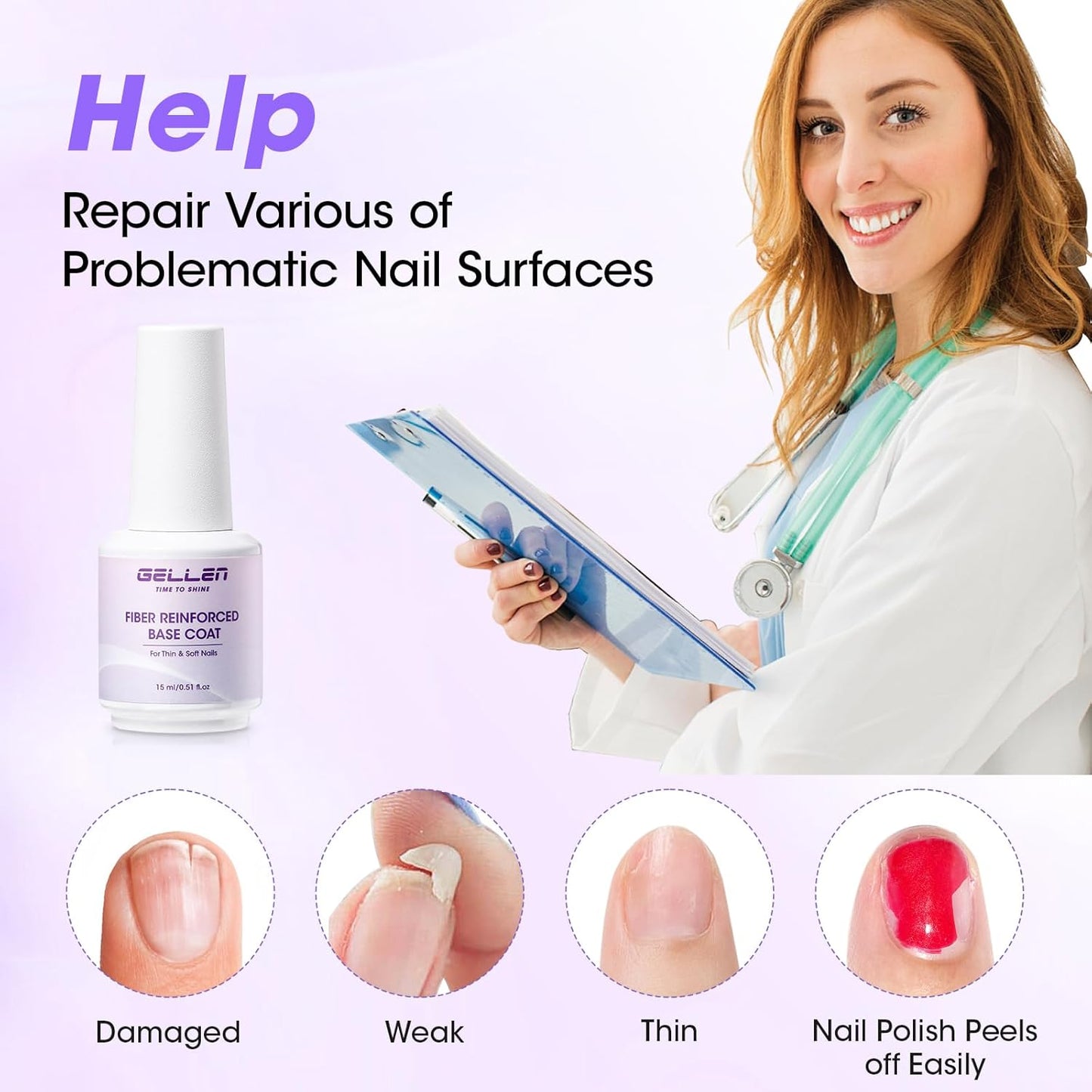 GELLEN Fiber Glass Base Gel Polish, 0.51 Fl.oz Clear Nail Strengthener for Repair Broken Damaged Thin Weak Nails, Professional Soak Off UV Base Coat Salon Home