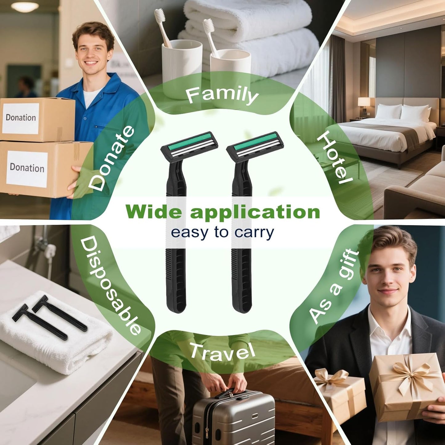 Disposable Twin Blade Razors in Bulk, Individually Wrapped - Clear Safety Cap, For Homeless, Hotel, Airbnb, Travel (pack of 100,black)