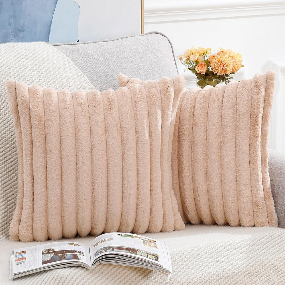 MADIZZ Set of 2 Faux Wool Plush Decorative Throw Pillow Covers 20x20 Inch Light Brown Fluffy Striped Soft Decorative Cushion Cover for Sofa Bedroom Pillow Shell
