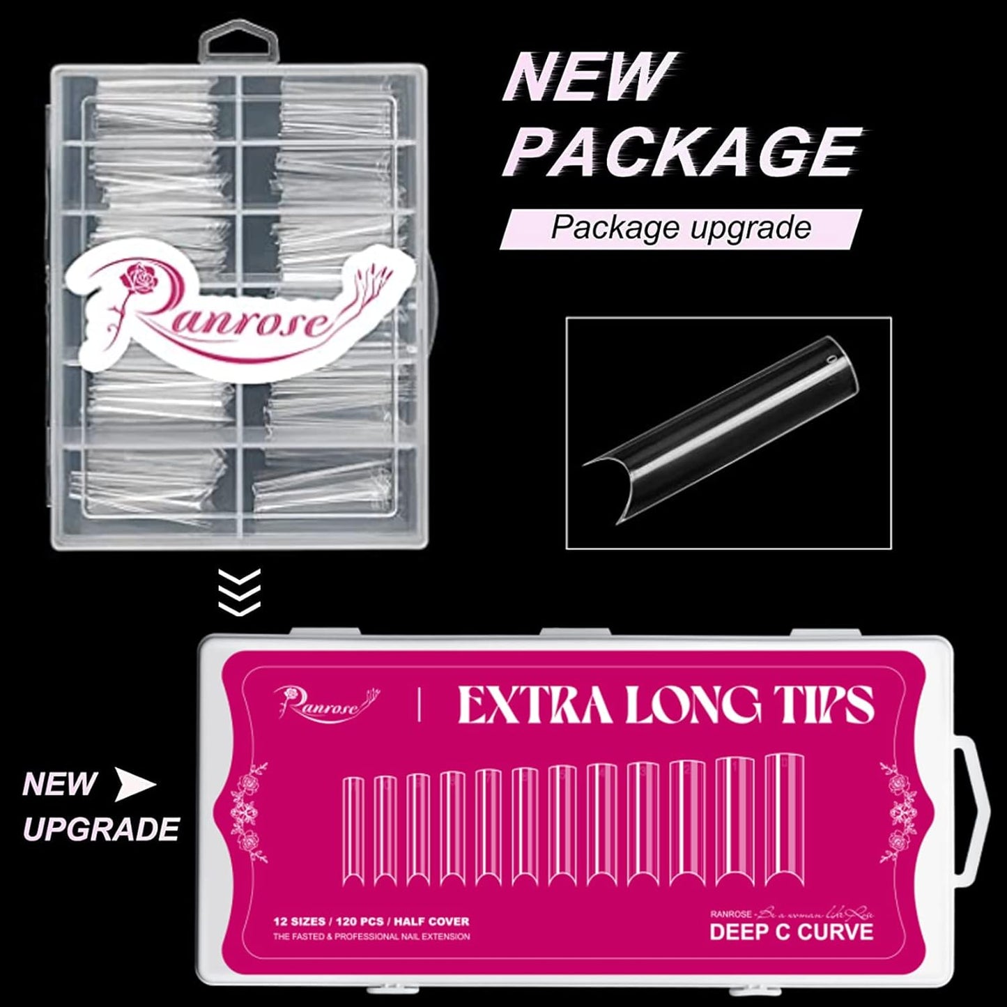 Ranrose 120PCS Extra Long Half Nail Tips,XXL Super Long Half Cover Deep C Curve False Nails 12 Sizes Tapered Square Press on Nails with Box