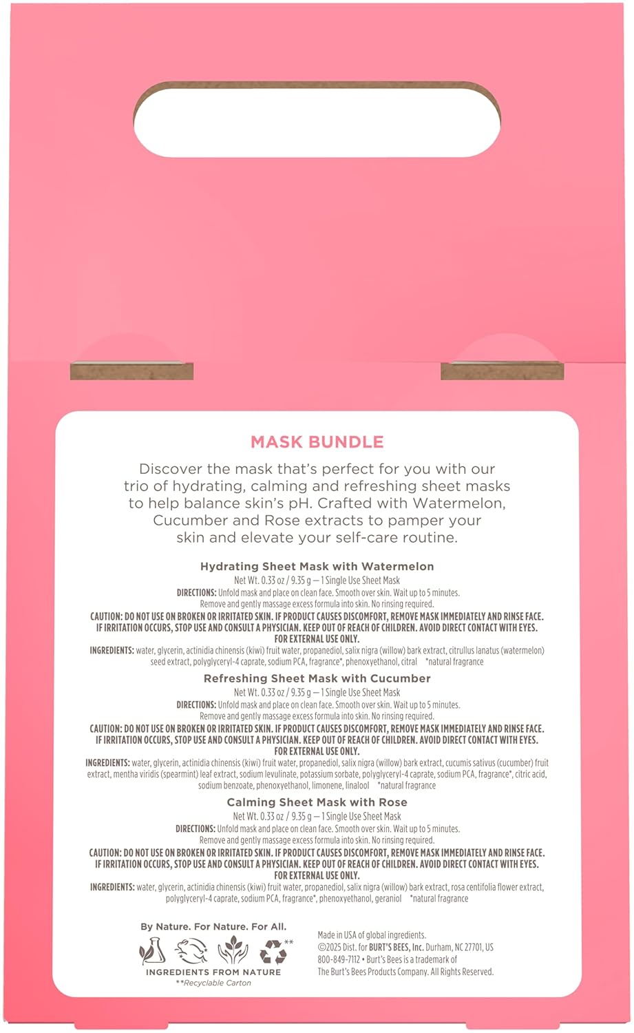 Burt's Bees Face Mask Bundle Set, Hydrating Watermelon, Calming Rose, & Refreshing Cucumber, Face Sheet Masks for Single Use Skin Care, 99% Natural Origin, 3 Count, 0.33oz Each