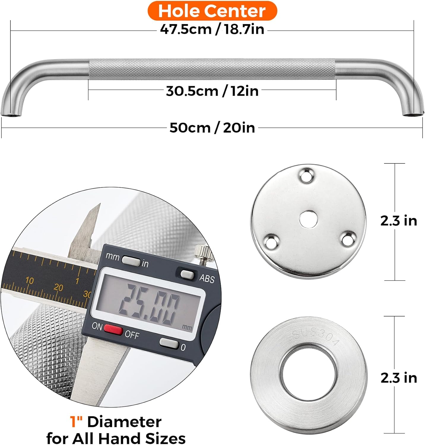 Grab Bars for Shower, 1 Pack 20-Inch Anti Slip Shower Handles for Elderly, Safety Shower Grab Bar, Stainless Steel Handicap Grab Bars for Bathroom,Toilet (Brushed Nickel, 1" Diameter)