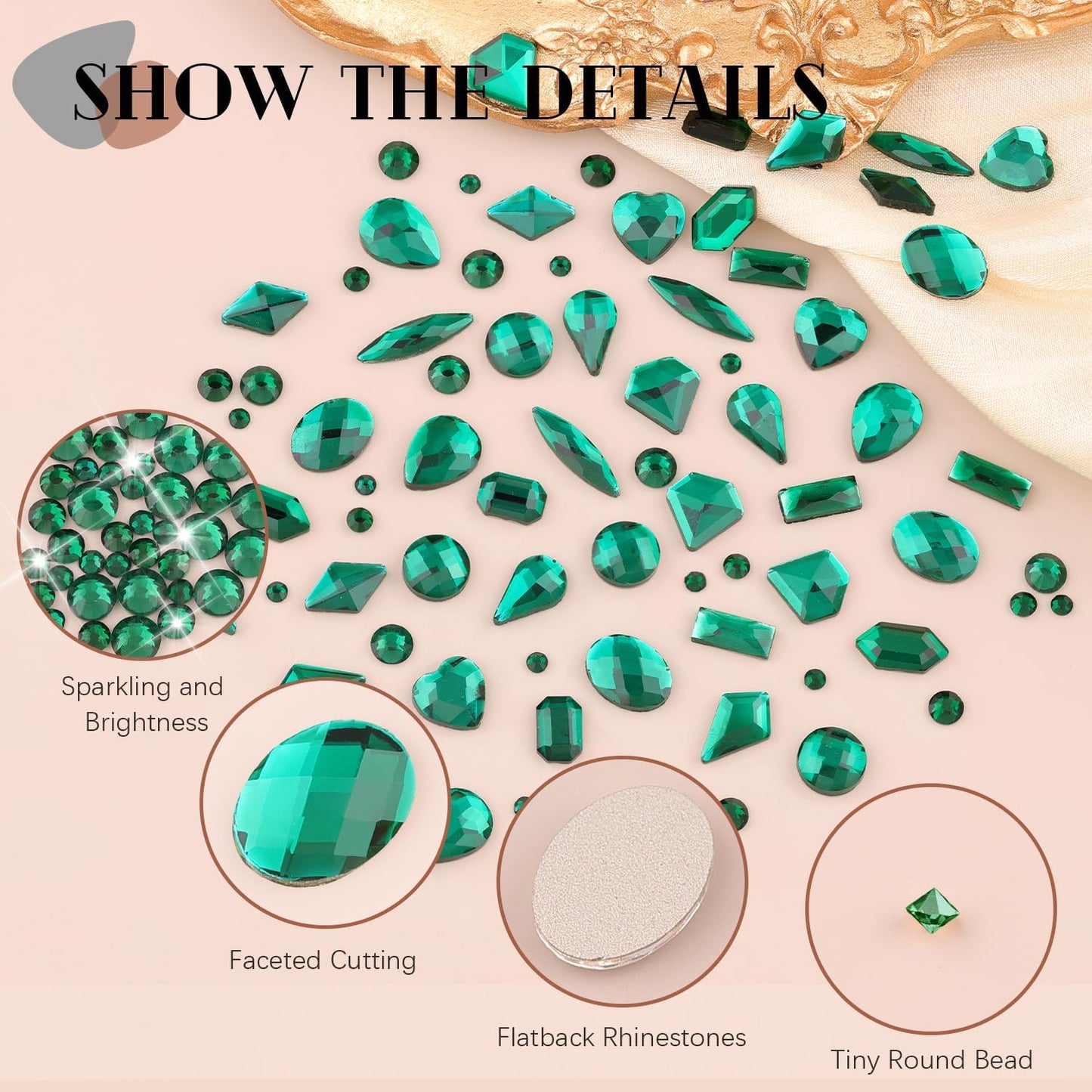 2060Pcs Emerald Green Glass Nail Rhinestones 60Pcs Multi Shapes Flatback Nail Gems + 2000Pcs 1.5-4mm Round Crystal with Rhinestones Glue Gel, Manicure Nail Charms Diamond Gemstone for Nail Art