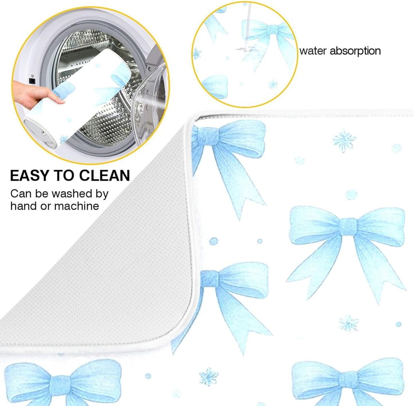 Blue Bow Ribbon Dish Drying Mat for Kitchen Countertop 16x18 Bowknot White Coquette Pattern Small Drying Mat Reusable Quick Dry Dish Sink Mats Easy Clean Decorative Essentials