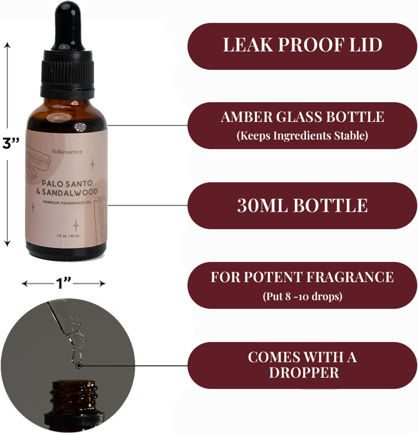 Folkulture Premium Essential Oil Blends for Diffuser for Home | 1.01 Fl Oz Sandalwood Essential Oils for Aromatherapy | Palo Santo Fragrance Oils for Soap & Candle Making Scents or Massage