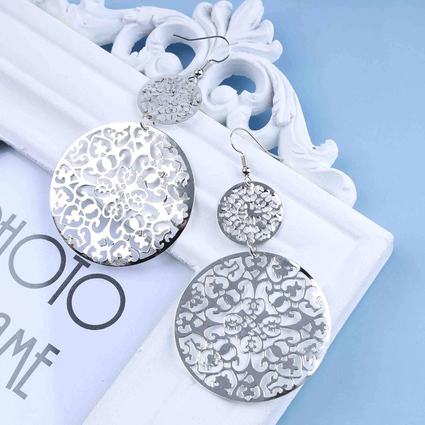 Filigree Hollow Disc Dangle Drop Earrings Boho Gold Ethnic Carved Flower Earrings Double Round Disc Drop Earrings Statement Hook Earrings Wedding Bridesmaid Jewelry for Women and Girls