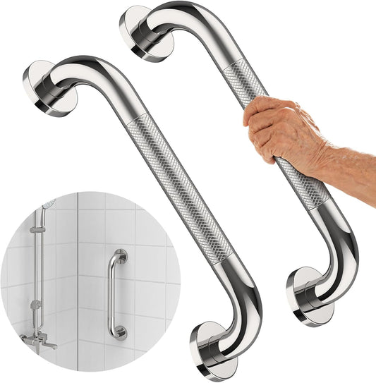 2 Pack Chrome Grab Bar 12 Inch, iMomwee Stainless Steel Non-Slip Shower Grab Bar W/Knurled Grip, Safety Bathroom Handrail, Balance Support Bar Toilet Bathtub Assist Handle for Elderly Senior Disabled