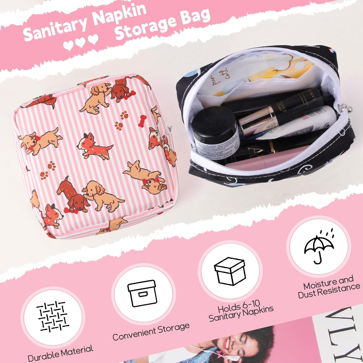 Desing Wish Sanitary Pad Storage Bag Portable Period Bag for Teen Pads/Sanitary Napkins/Small Tampons, Sanitary Napkin Storage Bag First Period Gifts for Teen Girls (Colored Puppy)