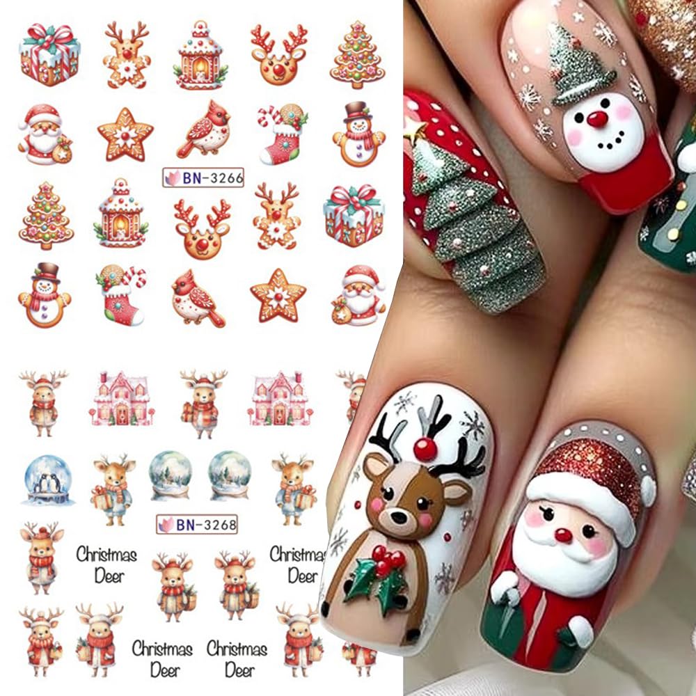 12 Sheets Christmas Nail Art Stickers Winter Snowflake Snowman Water Transfer Nail Decals Xmas Tree Santa Claus Penguin Gingerbread Man Design Acrylic Nail Foils for Women Kids DIY Holiday Nail Decor