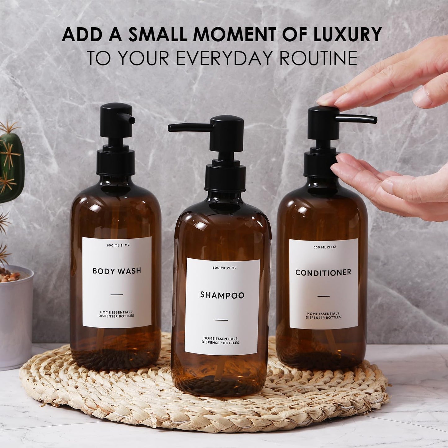 HOMCDALY Shampoo and Conditioner Dispenser, 21oz 3-Pack Refillable Shampoo and Conditioner Bottles, Shower Soap Bottles with Pump and Labels, Bathroom Shower Dispenser（21oz-Brown）