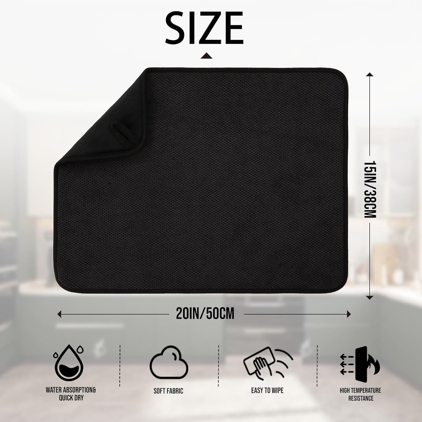 2 Pack Microfiber Dish Drying Mat for Kitchen Counter,Ultra Absorbent Dish Drainer Mat ,Dish Drying Pad , Dish Rack Mat 20×15 Inch (Black)