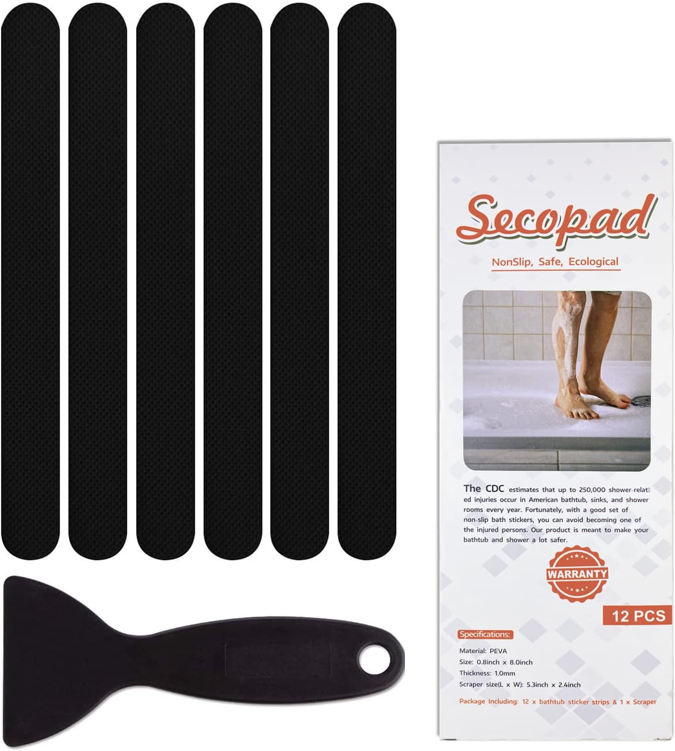 Non-Slip Bathtub Stickers 24 PCS Safety Bathroom Tubs Showers Treads Adhesive Decals Scraper (Black)