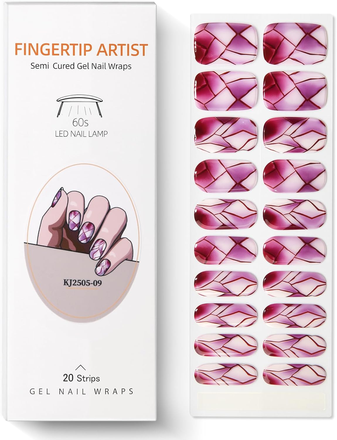 Semi Cured Gel Nail Strips with Red Broken Glass Pattern Designs Gel Nail Strips Glossy Stickers Salon Quality & Easy to Use for Women 20 Pcs