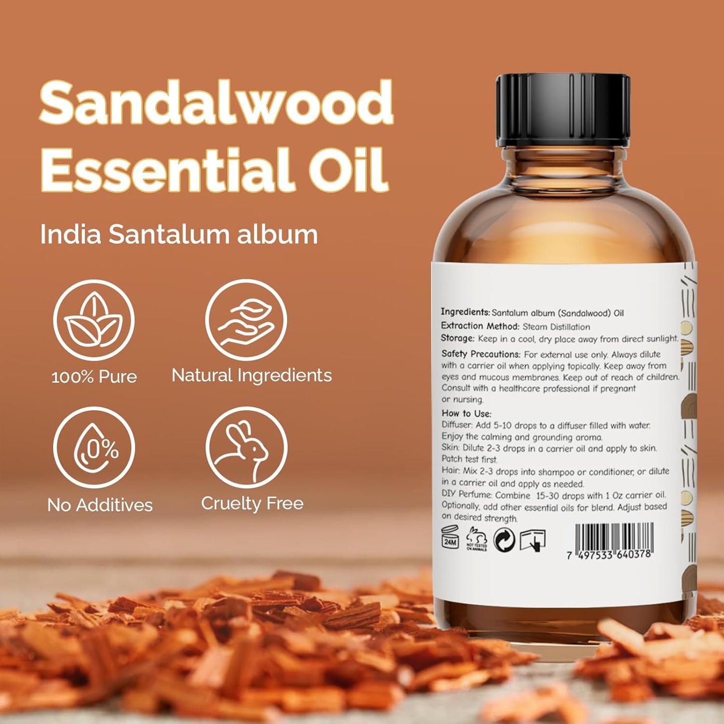 Sandalwood Essential Oil 4 Oz, 100% Pure Sandalwood Oil for Diffuser, Skin, Hair, Body & Face, Perfume Base Note for Men & Women, Aromatherapy & Massage