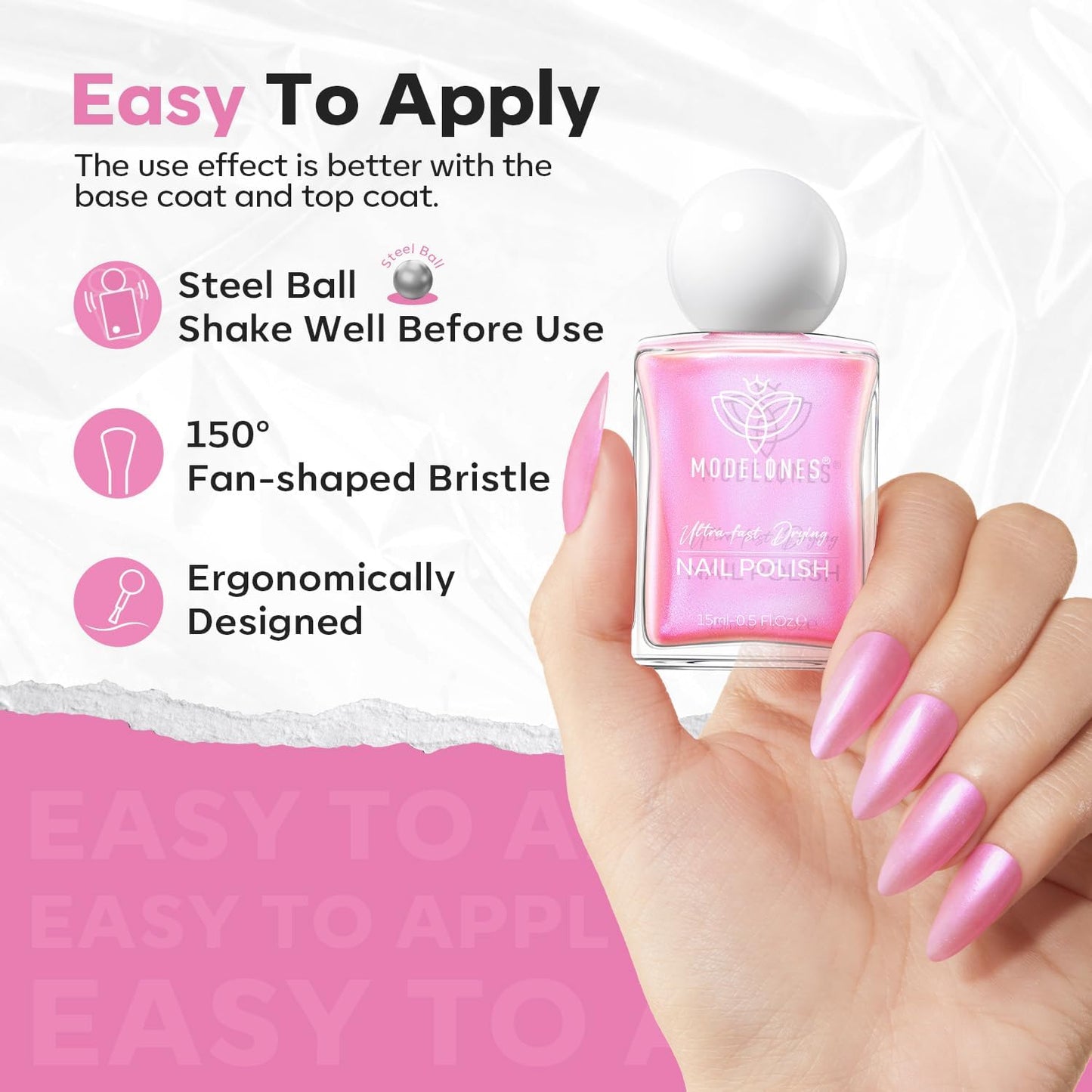 modelones Shine Pink Nail Polish, 15ml Shimmer Pearl Pink Nail Polish Quick Dry Nail Lacquer Strengthener Long Last Shine Fingernail Toe Nail Art DIY Home Travel Manicure Gift for Women Girls