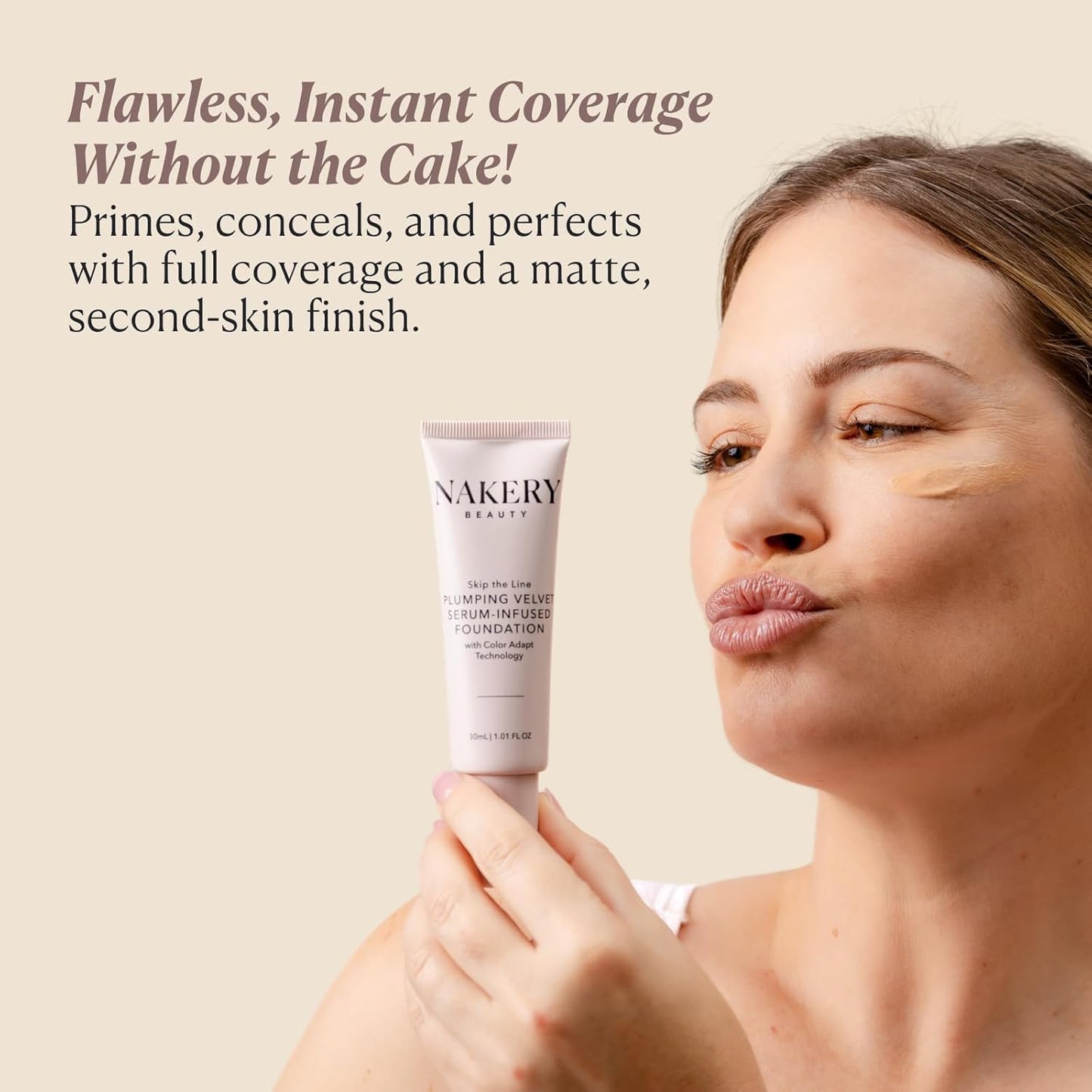 Nakery Full Coverage Plumping Liquid Foundation - Serum Infused Makeup with Niacinamide & Hyaluronic Acid for All Skin Types - Medium