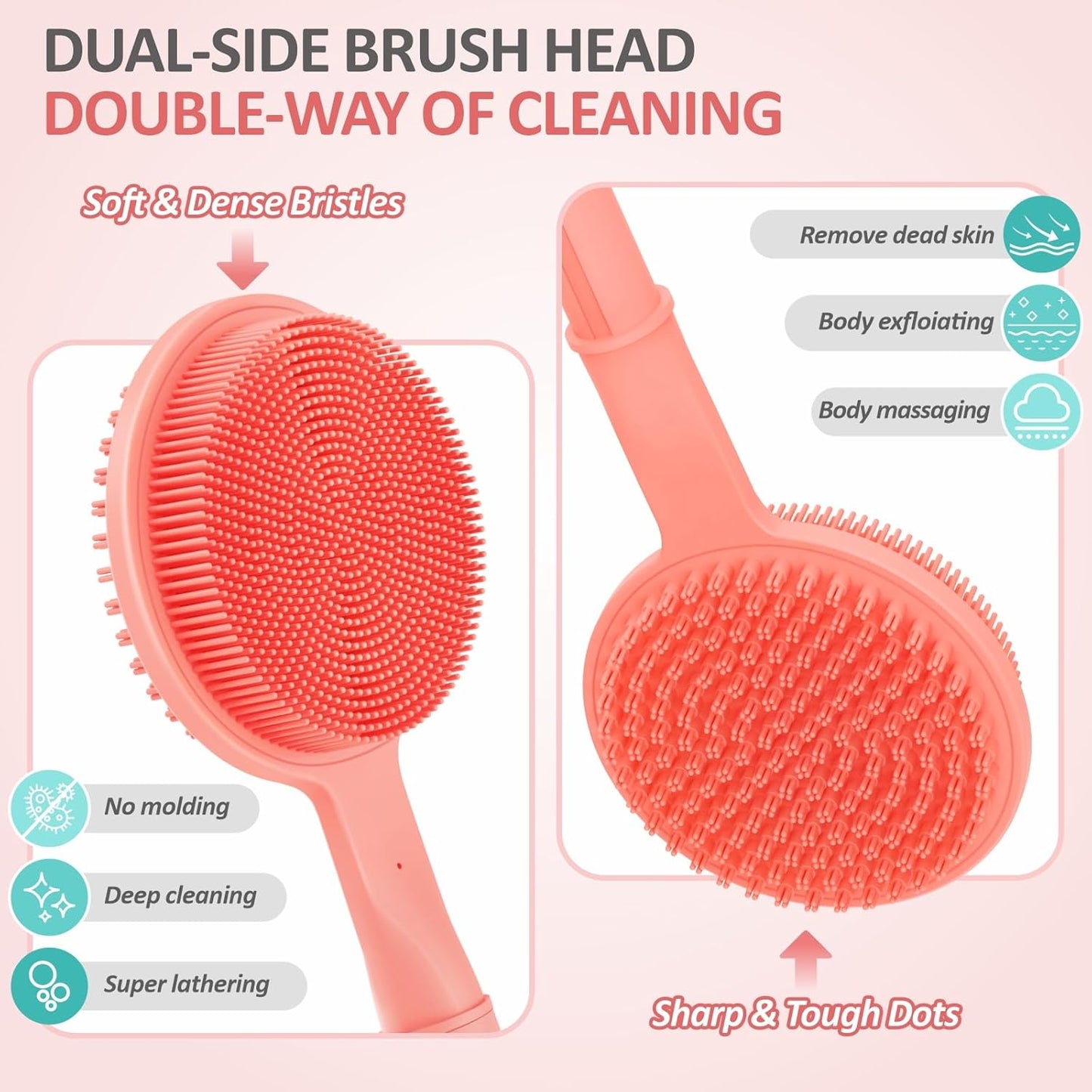 Adjustable Silicone Back Scrubber for Shower, 16''-24'' Extendable Shower Back Scrubber for Rich Foam, 5-Length Back Brush Bath Brush with Dual-Side Head and Super-Lathering Bristles(Pink)
