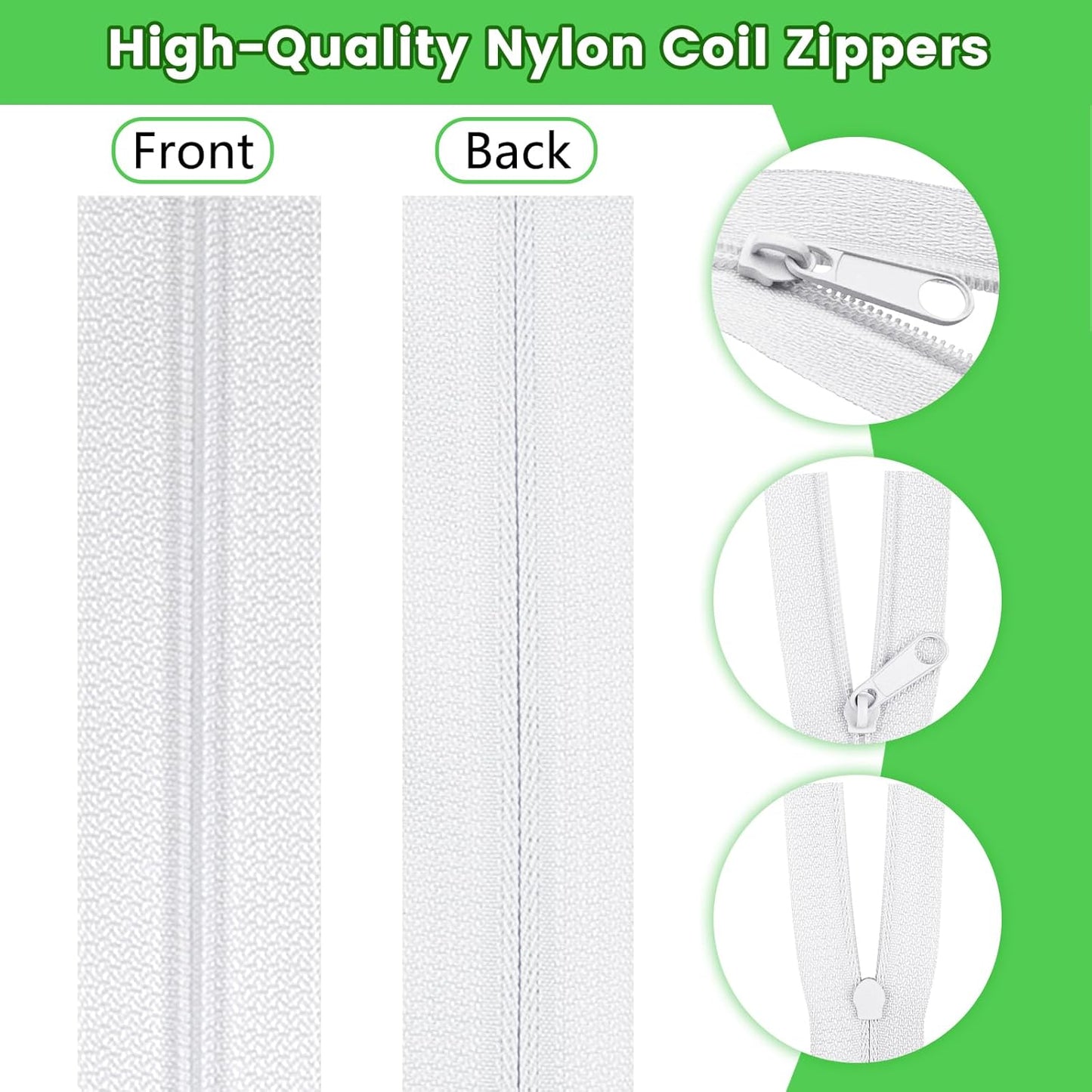 DOITEM 15.3 Yards/ 14 m 5 Pieces Assorted Colors #3 Nylon Coil Zippers, Sewing Zippers Endless Zips with 20 Pieces Zipper Sliders Zip Heads for DIY Sewing Tailor Craft Supplies (Green White)