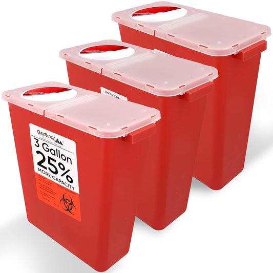 Oakridge Products Large Sharps Container for Home Use and Professional 3 Gallon (3-Pack) with Rotating lid, Biohazard Needle and Syringe Disposal, CDC Certified