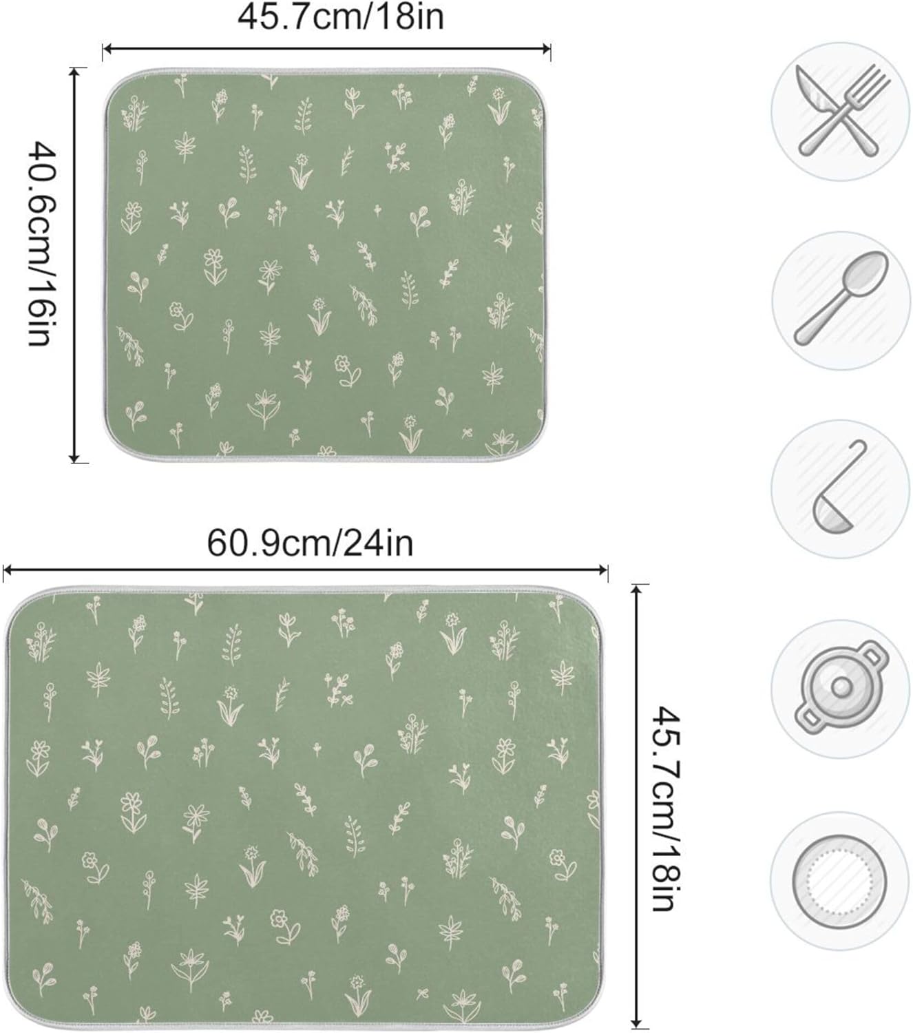 Sage Green Dish Drying Mat Quick Absorbent 18x24 Doodled Botany Flowers Leaves Herbs Plants Kitchen Drying Mat for Countertop Sink Reusable Dishes Mats Kitchen Essentials