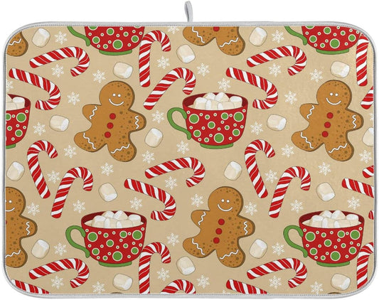 Christmas Gingerbread Man Candy Cane Dish Drying Mat for Kitchen Winter Snow Snowflake Snowman Xmas Microfiber Drying Mats Absorbent Reversible Dish Pad Medium Dish Draining Mat 16x18 inch
