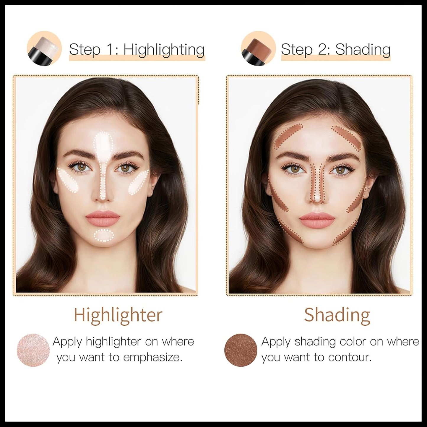 MIELIKKI 2Pcs Cream Contour Stick Makeup, Highlighter Stick and Bronzer Stick for Face Sculpting, Easy to Apply & Blend, Long Lasting, Waterproof, Matte Finish,0207